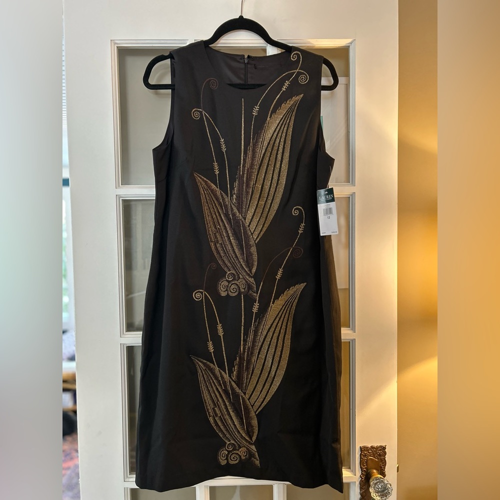 Ralph Lauren Black Dress with Gold Embroidered Leaf Design